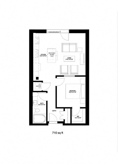 Floor plan for 1 bed, 1 bath, 710 sqft